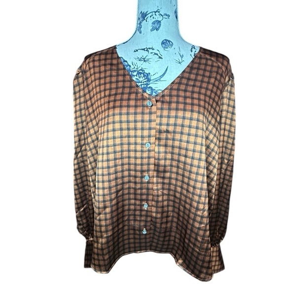 Levi’s‎ Brown & Blue Plaid Button-Up Blouse Size XL - Picture 1 of 7